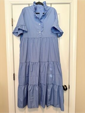 Women’s Blue and White Striped Ruffle-Tiered Dress